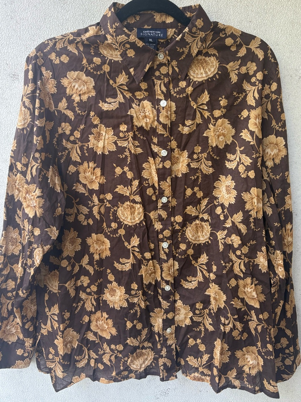Jones New York XL 100% Cotton Brown Floral Button Down Blouse Fall Boho
